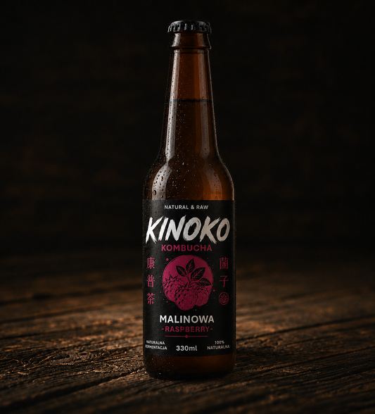 Kombucha malinowa Kinoko – naturalny napój fermentowany z malinami, 330ml