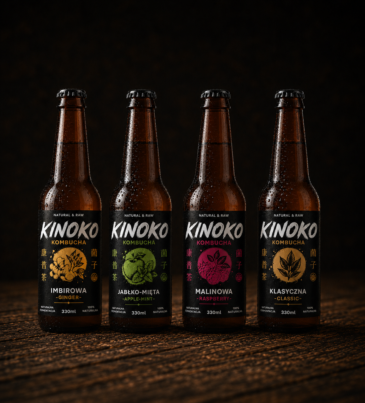 Zestaw testowy kombuchy Kinoko – 4 smaki, naturalny napój fermentowany w zestawie próbnym
